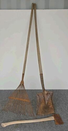 8-Piece Assorted Garden Tools Set &ndash; 3 Shovels, Rakes, Hoe, Pitchfork, Axe, Wood Handles, Heavy Duty - 3