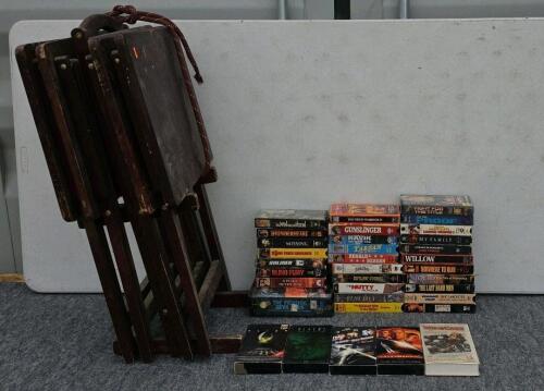 Vintage Wooden Folding TV Tray Set of 4 with Stand, Dark Wood, Plus 29 Movie VHS Tape Lot