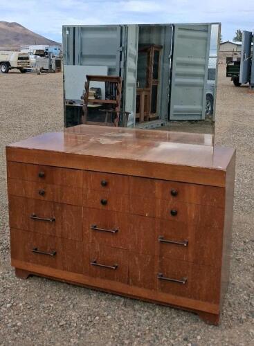Vintage 9-Drawer Mid-Century Dresser with Attached Mirror, Wood, Brown Finish