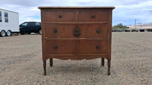 1920s Antique 4 Drawer Wooden Dresser, Turned Legs, Ornate Applique, Original Hardware
