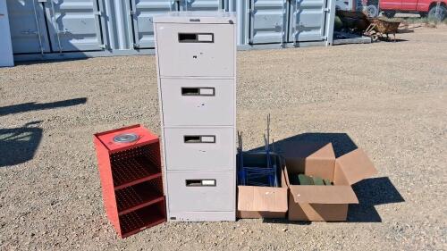 HON 4-Drawer Vertical Metal Filing Cabinet w/ Hanging Folders & Frames and Red 3-Shelf Benchtop Storage Bin