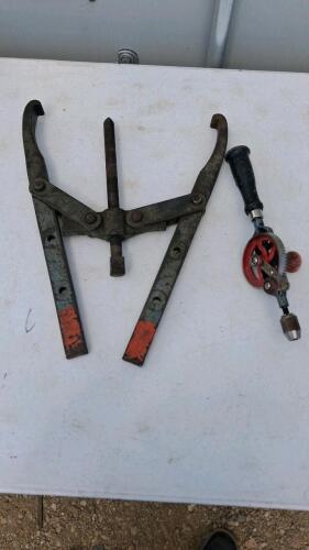 Large Two-Jaw Gear Puller and Vintage Hand-Crank Drill, Forged Steel, 10&ndash;12" Opening