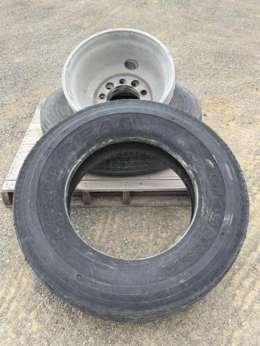 Goodyear G149 RSA 9.00R20 Truck Tires w/ 20" Aluminum 10-Lug Rims, Set of 2 Tires & 4 Rim covers