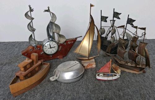 Mid-Century Mixed Lot: Ship Model Decor, Boat Clock, Metal & Wood Nautical Figures, Mess Kit