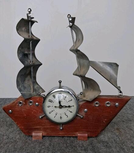 Mid-Century Mixed Lot: Ship Model Decor, Boat Clock, Metal & Wood Nautical Figures, Mess Kit - 4
