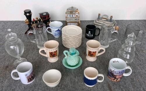 Mixed Lot of Vintage and Decorative Drinkware, Ceramic Barware Decanters, and Tableware