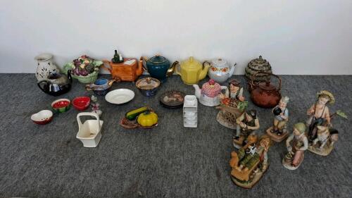 Mixed Lot: Vintage Ceramic Teapots, Figurines & Kitchenware, 25+ Pieces