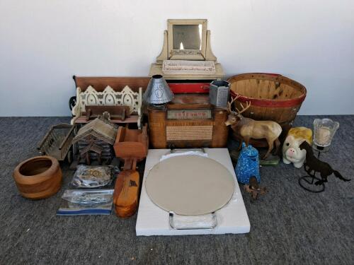 Vintage Collectibles Lot: Mini Furniture, Piggy Bank, Pins, Figurines, Plaque, Radio, Lazy Susan