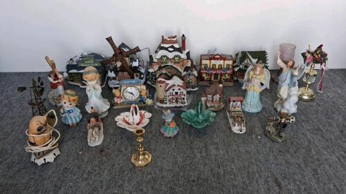 Large Lot Vintage Porcelain Figurines, Lighted Village Houses, Brass, Glass, 24 Pieces
