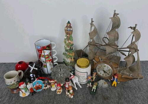 Vintage United Ship Clock, Teleflora Heart Vase, Stacked Christmas Mugs, Collectible Figurines Lot