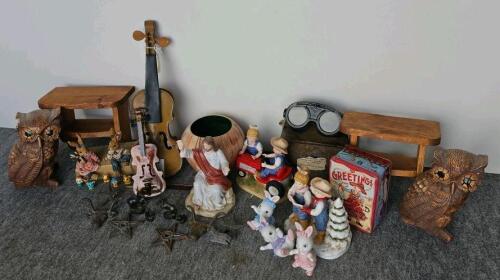 Vintage Decor Lot: Home Interiors Figurines, AO Goggle Set, Wild West Tin, Wood Stools (20+ Pcs)