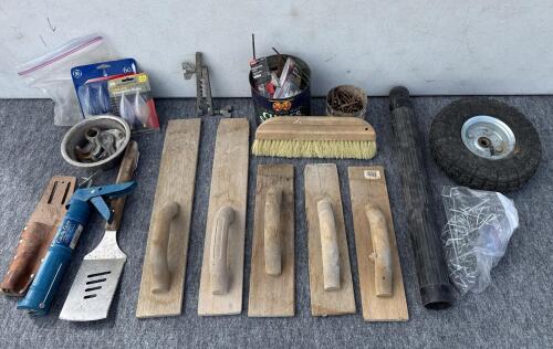 Mixed Hand Tools & Hardware Lot: Concrete Floats, Pneumatic Wheel, Caulk Gun, Screws, Bulbs