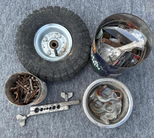 Mixed Hand Tools & Hardware Lot: Concrete Floats, Pneumatic Wheel, Caulk Gun, Screws, Bulbs - 3