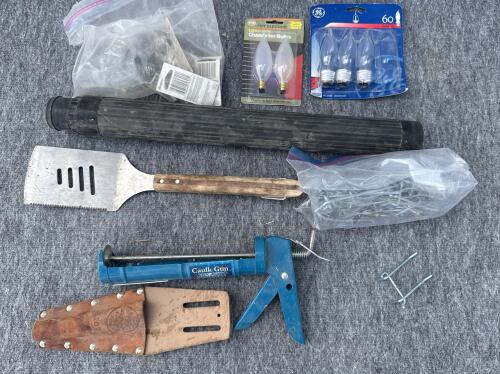 Mixed Hand Tools & Hardware Lot: Concrete Floats, Pneumatic Wheel, Caulk Gun, Screws, Bulbs - 4