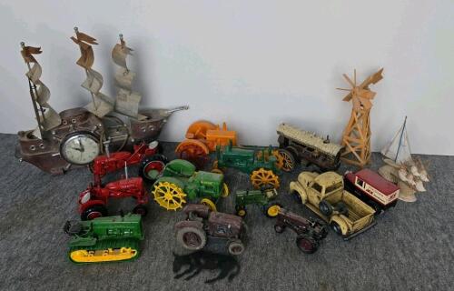 Vintage Diecast Farm Tractor & Vehicle Model Lot: John Deere, Farmall, ACE, Ship Clock, Windmill