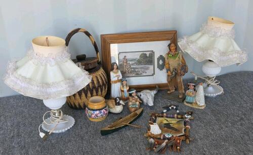 Vintage Native American-Inspired Decor Lot: Milk Glass Lamps, Figurines, Basket, Framed Art