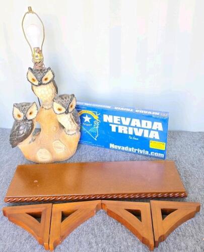 Vintage Owl Table Lamp, Ceramic Base, No Shade, Wooden Shelf w/ Brackets, & NV Trivia Game