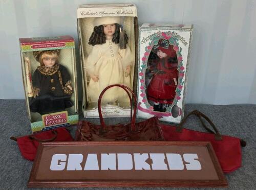 Porcelain Collector Dolls: Classic Treasures, Barbara Lee, Victorian Collection (3 dolls, boxed), Wooden "Grandkids" Sign, 3 Red Tote Bags