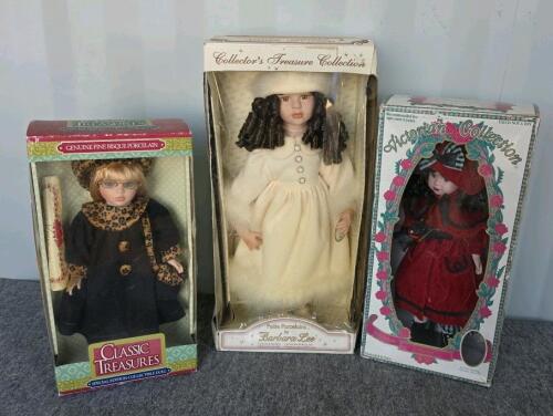 Porcelain Collector Dolls: Classic Treasures, Barbara Lee, Victorian Collection (3 dolls, boxed), Wooden "Grandkids" Sign, 3 Red Tote Bags - 2