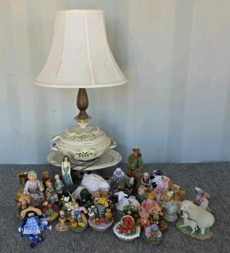 Vintage Ceramic Soup Tureen Table Lamp & 25+ Country Figurines Garden Animal Decor Lot