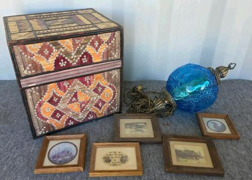 Handcrafted Shell Inlay Storage Chest, 1970s Blue Glass Swag Lamp, 5 Small Framed Country Prints Lot