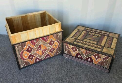Handcrafted Shell Inlay Storage Chest, 1970s Blue Glass Swag Lamp, 5 Small Framed Country Prints Lot - 3