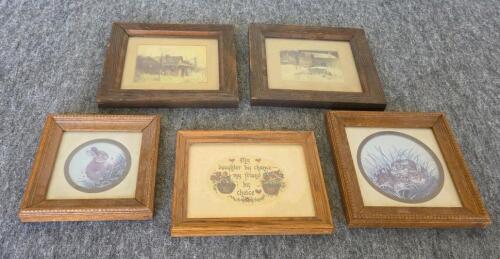 Handcrafted Shell Inlay Storage Chest, 1970s Blue Glass Swag Lamp, 5 Small Framed Country Prints Lot - 5