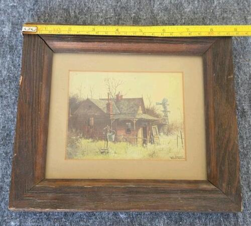 Handcrafted Shell Inlay Storage Chest, 1970s Blue Glass Swag Lamp, 5 Small Framed Country Prints Lot - 13