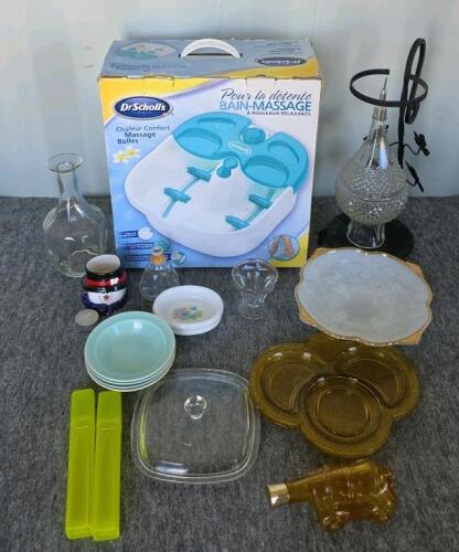 Dr. Scholl's Foot Spa Massager, Vintage Glass Bowls & Plates, Decanter, Large Mixed Lot Kitchenware