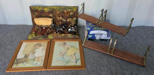 2 Vintage Framed Bessie Pease Gutman Lithograph Prints, Wagon Scene Diorama, 2 Shelves and New LED Security Light