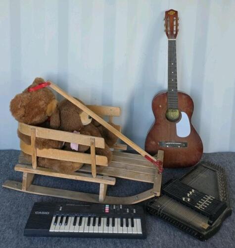 Casio PT-100 Vintage 32-Key Electronic Keyboard, 1980s, Small Wooden Sled w/ Plush Bears, Vintage Global Musical Instrument Guitar w/ Books and Vintage Autoharp