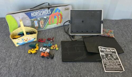 Franklin Horseshoes Lawn Game Set, Hasbro Lite-Brite, Die-Cast Toy Cars Lot, Vintage Mix