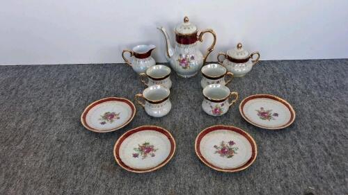 Vintage Lusterware Porcelain Tea Set, Floral Pattern, Burgundy & Gold, 4 Cups & Plates, Teapot