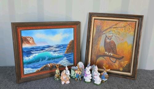 Framed Owl & Seascape Paintings with 8 Vintage Ceramic Bunny Figurines