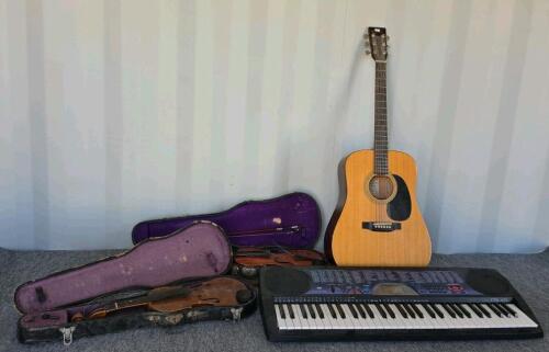 Recording King RD-07 Guitar, Casio CTK-451 Keyboard, 2 Vintage Violins with Cases, Music Books & 2 Extra Violin Cases