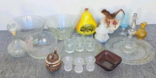 Vintage Glassware & Ceramic Collection: Punch Bowl, Teapots, Decanter, Candle Holders