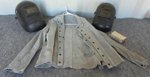 Military Surplus Welding Safety Set - 2 Flip-Up Helmets, Leather Jacket Type II, Shade 10 Lenses