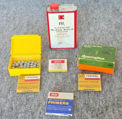 Remington, Federal, CCI Primers Assortment, FFFg Black Rifle Powder, .440 Speer Lead Balls