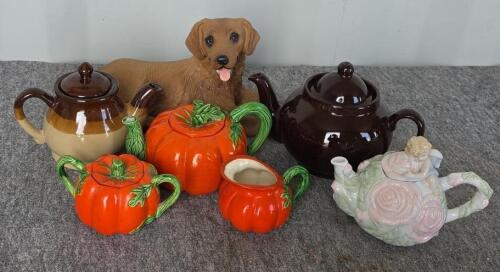 Assorted Ceramic Teapot and Serveware Lot, Pumpkin, Floral, Brownware, Dog Figurine, 6 Pieces