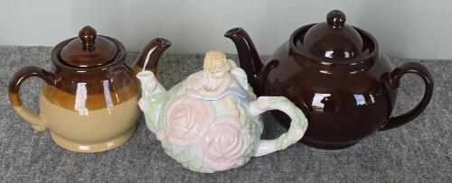 Assorted Ceramic Teapot and Serveware Lot, Pumpkin, Floral, Brownware, Dog Figurine, 6 Pieces - 3
