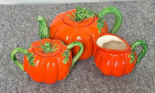 Assorted Ceramic Teapot and Serveware Lot, Pumpkin, Floral, Brownware, Dog Figurine, 6 Pieces - 4
