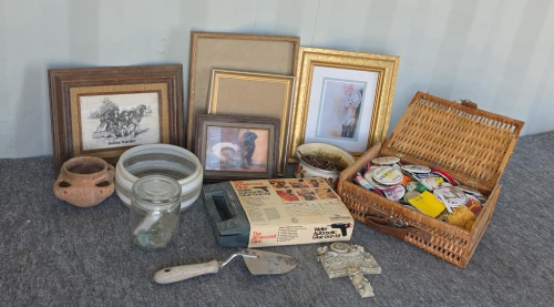 Wall Decor, Frames, Basket of Vintage Advertising Pins, Gass Bottle Toppers, Glue Gun and More