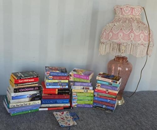 Assorted Paperback Books & Pink Glass Lamp w/ Shade