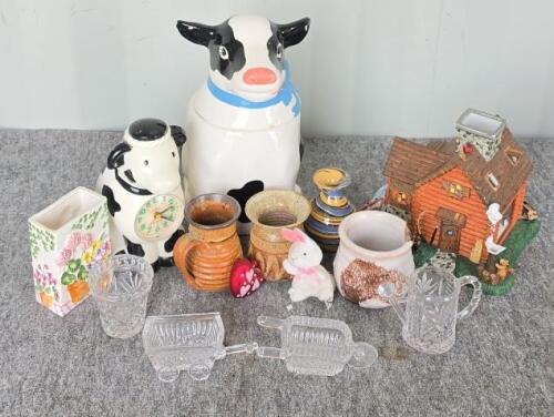 Assorted Decorative Collectibles Lot: Ceramic Cow Cookie Jar, Resin Cabin, Glassware