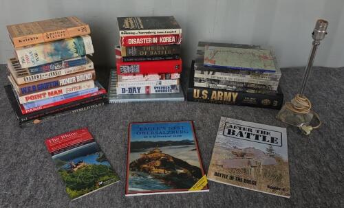 History & Military Book Lot: WWII, Korea, Vietnam, U.S. Army, Photojournalism, ~22 Volumes & Small Table Lamp
