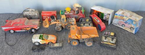 Lot of Vintage Wired Remote Control Cars & CAT Construction Vehicles with Remotes & Box - 1990s