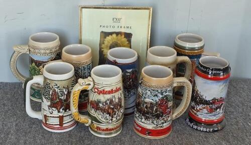Budweiser & Coors Collector Holiday Beer Steins, Clydesdales Series, 1989&ndash;1997, Lot of 9, Ceramarte