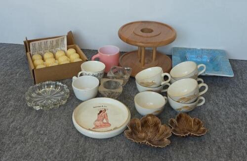 Vintage Kitchenware Lot: Cornwall Oak Spice Rack, Wheat Cups, Boxed Candles, Decorative Plates