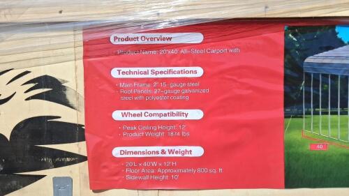 20'x40' All-Steel Metal Carport, NEW IN BOX - 12' Height, Heavy Gauge Frame, CE Certified - 3