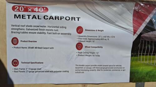 20'x40' All-Steel Metal Carport, NEW IN BOX - 12' Height, Heavy Gauge Frame, CE Certified - 4